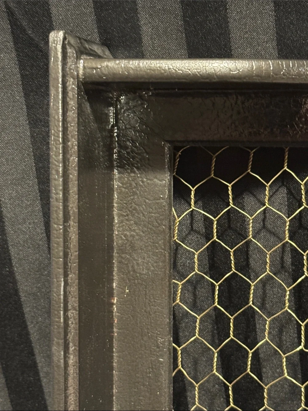 Rustic Black Wall Shelf with Chicken Wire and Hooks